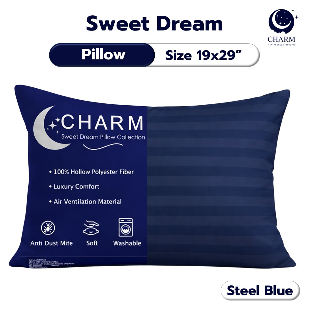 หมอนหนุน CHARM SWEET DREAM ซื้อ 1 แถม 1 หมอนนุ่มเด้ง สไตล์โรงแรม 19X29 นิ้ว 1,000 กรัม สี STEEL BLUE_1